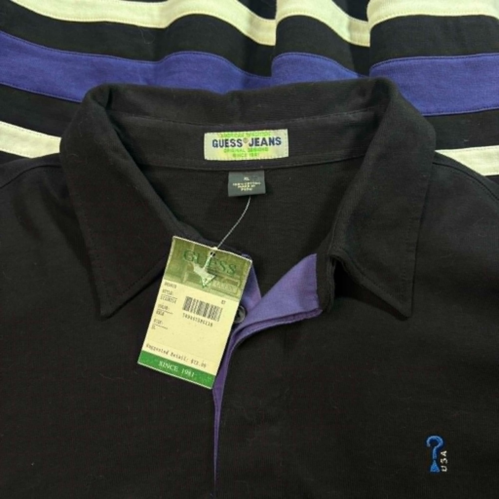NWT Vintage Guess Jeans Mens XL Striped Long Sleeve Rugby Shirt Black Purple